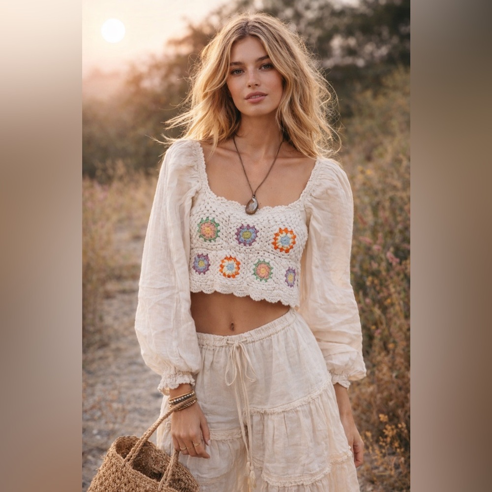 Aerie White Crochet Floral Crop Top